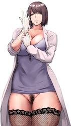 1girls 2019 absurd_res breasts brown_hair censored cleavage clothing coat doctor female female_only fishnet_stockings fishnet_thighhighs fishnets gloves grey_eyes highres large_breasts looking_at_viewer mature_female no_panties open_clothes open_coat original pepe_(jonasan) pubic_hair purple_shirt pussy putting_on_gloves shirt simple_background solo standing teeth thick_thighs thighhighs thighs tight_clothing white_background white_coat white_gloves rating:Explicit score:131 user:Blookryynnn