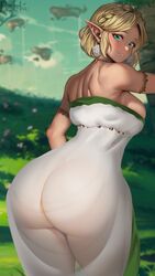 1girls ass ass_focus back_view big_ass blonde_hair breasts green_eyes hi_res looking_at_viewer looking_back nintendo pointy_ears princess_zelda rezeharu short_hair sideboob smile solo tears_of_the_kingdom the_legend_of_zelda zelda_(tears_of_the_kingdom) rating:Explicit score:104 user:shruck