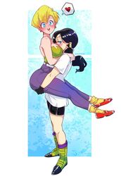 2girls ass blonde_hair blue_eyes blush boots carrying_partner deep_blush dragon_ball dragon_ball_z erasa female female/female female_focus female_only gloves had_a_dream_everyone_was_drawing_lesbian_ships_like_this_(meme) happy_female heart jeans light-skinned_female light_skin meme pants puffphox rozenphox shoes size_difference videl yuri rating:Questionable score:268 user:Patts