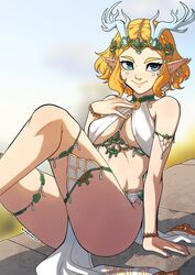 1girls alternate_costume arm_support armlet blonde_hair bracelet breasts cleavage earrings fake_horns female female_only hand_on_own_chest heart heart_in_eye highres horned_headwear horned_tiara horns jewelry kinkymation multiple_earrings pelvic_curtain pointy_ears princess_zelda short_hair sideboob sitting small_breasts solo symbol_in_eye teardrop_earring tears_of_the_kingdom the_legend_of_zelda thighlet tiara zelda_(tears_of_the_kingdom) rating:Questionable score:281 user:kris923