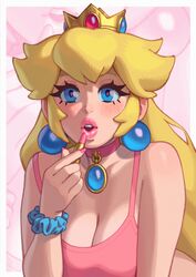 1girls blonde_hair blue_eyes breasts choker cleavage clothed crown dick_sucking_lips earrings eyelashes female fringe large_breasts light-skinned_female light_skin lipstick long_hair looking_at_viewer mario_(series) nintendo pale-skinned_female petite pink_lipstick princess princess_peach puffy_lips rizdraws royalty seductive_mouth thick_lips rating:Safe score:604 user:Aeolus_HX