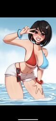 beach bikini bikini_top black_hair bracelet brown_eyes choker cleavage evie_(fortnite) fortnite fortnite:_battle_royale hair_clip magaska19 red_lipstick shorts sunglasses water rating:Explicit score:177 user:jOnHe