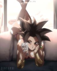 ass_up bending_forward blurry_background bracelet bracelets cleavage couch dindakai dragon_ball dragon_ball_super earring female_only female_saiyan kefla legs_up penthouse selfie spiky_hair rating:Questionable score:266 user:ShirubaGeGe