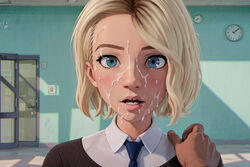 1boy 1girls ai_generated blonde_hair blue_eyes bukkake clothed_female cum cum_on_face detailed_background dragonlord3989 facial female gwen_stacy hand_on_shoulder male marvel miles_morales open_mouth spider-gwen spider-man_(series) surprised_expression unseen_male rating:Explicit score:161 user:roro73290