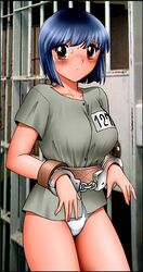 blue_hair blush breasts brown_eyes collarbone cuffs female handcuffs medium_breasts no_pants original original_character panties prison prison_uniform prisoner shingyouji_tatsuya short_hair sweat thick_thighs underwear white_panties rating:Safe score:9 user:RoboticUser9