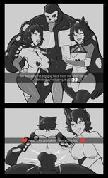 1boy 2girls 2koma anus anus_peek ass ass_focus ass_grab balls ballsack beringel big_breasts big_penis black_and_white blake_belladonna breasts cum cum_in_pussy cum_inside dark_hair english_text eyes faunus female grimm_(rwby) hand_on_ass hand_on_butt hand_on_shoulder happy heart_emote kali_belladonna lingerie male monochrome monster mother_and_daughter multiple_girls nayaase_beleguii nipple_covers oyakodon penis rwby saliva_string smile straight tagme text thighhighs tongue tongue_out vaginal_penetration rating:Explicit score:313 user:DeepestLore123