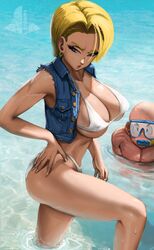 1boy 1girls alternate_hairstyle android_18 bald bikini blonde_hair blue_eyes dragon_ball dragon_ball_z earrings elitenappa jean_jacket krillin kuririn large_ass muscular muscular_female muscular_male posing ripped_clothing short_hair short_jacket thighs water wet rating:Explicit score:128 user:Mikesbigdick