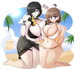 2girls beach binah dankestsin embarrassed hair_ornament hod_(lobotomy_corporation) huge_breasts large_ass library_of_ruina mature_female mole project_moon swimsuit wide_hips rating:Explicit score:44 user:ThatNebbyisaSpy