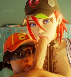 1boy 2girls 3d baseball_cap baseball_uniform black_hair blender blue_eyes collaborative_fellatio dusty_(fortnite) erect_penis facepaint fastball fellatio fortnite half-dressed hat hazel_eyes locker_room looking_at_viewer nose_ring penis piercing red_hair short_hair skulrot99 small_breasts spiked_collar sucking_testicles tattoo twintails rating:Explicit score:81 user:Skulrot99