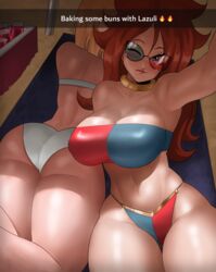 2girls absurdres android_18 android_21 android_21_(human) ass beach big_ass blonde_hair blue_eyes dragon_ball dragon_ball_fighterz dragon_ball_z echosaber female female_only large_breasts light-skinned_female long_hair red_hair short_hair snapchat thick_thighs voluptuous vomi_(dragon_ball) rating:Questionable score:630 user:N33dForBr33d