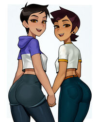 2girls aged_up alternate_costume alternate_version_available amber_eyes blush brown_eyes clothed clothing crossover dark-skinned_female dark_skin dc dc_comics disney female female_only from_behind hand_holding handholding highres holding_hands hoodie jeans jewelry lois_lane lois_lane_(cosplay) lois_lane_(my_adventures_with_superman) loodncrood looking_back luz_noceda luz_noceda_(cosplay) medium_breasts my_adventures_with_superman open_mouth outfit_swap parted_lips short_hair shorts sideboob simple_background small_breasts smile smiling_at_viewer superman_(series) tan_body tan_skin tanned tanned_skin the_owl_house tomboy very_short_hair white_background rating:Safe score:436 user:AiskrimDot