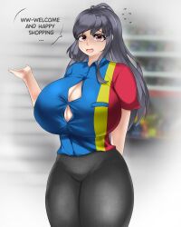  a_can420 breast_expansion bursting_breasts button_down_shirt cashier nervous nervous_smile tight_clothing  rating:questionable score: user:bot