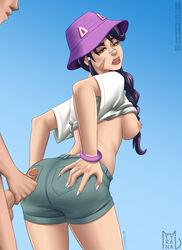 1boy 1girls bent_over court_queen_erisa_(fortnite) erisa_(fortnite) female fortnite hands_on_ass jean_shorts looking_at_viewer looking_back male masturbation purple_hat showing_breasts thighs tyrana violet_hair white_shirt rating:Explicit score:67 user:lunamuff