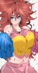 android_21 android_21_(human) belly_button big_breasts blue_eyes cheerleader cute dragon_ball dragon_ball_z glasses long_hair messy_hair omochi_db pom_poms squished_breasts rating:Explicit score:39 user:tupperwear