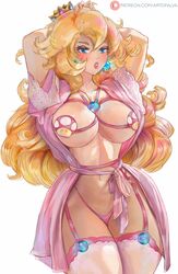 1girls absurd_res arms_behind_head arms_up artofalva bare_arms blonde_hair blue_eyes blush breasts cleavage clothing curvaceous curvy_female curvy_figure cutesexyrobutts_(style) female female_focus female_only hi_res huge_breasts long_hair looking_at_viewer mario_(series) princess_peach simple_background solo solo_female solo_focus standing thighs underwear very_long_hair white_background rating:Explicit score:115 user:Dragon98