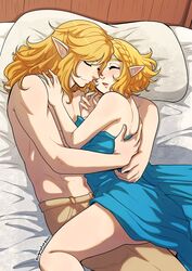 1boy 1girls bed blanket blonde_hair braid closed_eyes crown_braid cuddling group_sleeping highres hug kinkymation link pillow pointy_ears pretty_boy princess_zelda short_hair sleeping smile tears_of_the_kingdom the_legend_of_zelda topless_male wholesome zelda_(tears_of_the_kingdom) rating:Questionable score:169 user:EricCottle