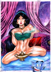 1girls aladdin black_hair curvaceous curvy_body curvy_female disney disney_princess ed_benes_studio female_focus female_only genie_(aladdin) hi_res huge_breasts joe_lima princess_jasmine seductive_look voluptuous voluptuous_female rating:Explicit score:12 user:Dragon98