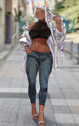 1girls abs athletic_female big_breasts braid braided_hair braided_ponytail breasts bunny_ears coat dark-skinned_female dark_skin female fit_female jeans kadeart kemonomimi long_hair midriff miruko muscular_female my_hero_academia ponytail red_eyes rumi_usagiyama slim_waist smile smiling solo solo_female toned toned_body toned_female toned_stomach usagiyama_rumi white_hair wide_hips rating:Questionable score:222 user:Monbo