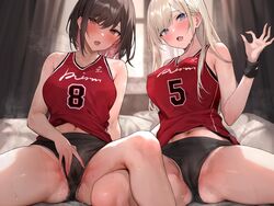 2girls athletic athletic_female basketball_uniform black_hair bracelet cameltoe colored_inner_hair finger_on_pussy fumes gold_hair large_breasts naughty_face on_bed seductive_look smell smelly smelly_armpits smelly_pussy spread_legs stinky sweat sweaty_body thick_thighs rating:Questionable score:67 user:ADDBD