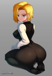 1girls android_18 ass ass_focus big_ass big_breasts blonde_hair blue_eyes bottomwear breasts bubble_ass bubble_butt clothing dat_ass dragon_ball ear_piercing earrings feet female female_only hair huge_ass looking_back sol-sama_d2 solo solo_female topwear rating:Explicit score:155 user:daft_human