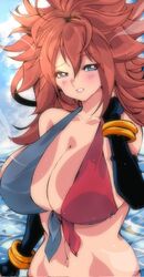 android_21 android_21_(human) belly belly_button big_breasts bikini blue_eyes blush dragon_ball dragon_ball_z elbow_gloves gold_jewelry long_hair messy_hair omochi_db shy sunlight swimming swimsuit rating:Explicit score:29 user:tupperwear