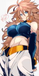 absurd_res android_21 android_21_(human) belly big_breasts blue_eyes brown_hair dragon_ball dragon_ball_z elbow_gloves gold_jewelry long_hair omochi_db perky_breasts shiny vomi_(dragon_ball) rating:Explicit score:50 user:tupperwear