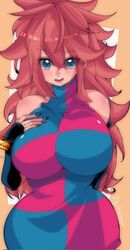 absurd_res android_21 android_21_(good) android_21_(human) big_breasts blue_eyes blush brown_hair cute dragon_ball dragon_ball_z long_hair messy_hair omochi_db rating:Questionable score:26 user:tupperwear