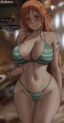 1girls bikini breasts dialogue english_text female female_only hips huge_breasts light-skinned_female light_skin long_hair nami one_piece orange_hair oroborusart post-timeskip savagexthicc text thick_thighs thighs wide_hips rating:Questionable score:222 user:Aeolus_HX