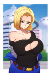 android android_18 blonde blonde_female blonde_hair blue_eyes busty dragon_ball dragon_ball_super dragon_ball_z huge_breasts inhus light-skinned_female light_skin medium_hair shirt_rip torn_clothes rating:Explicit score:98 user:lovydovy_rp