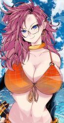 android_21 android_21_(human) arc_system_works big_breasts bikini_top blue_eyes bracelets dragon_ball dragon_ball_fighterz ear_piercing ear_ring elbow_gloves female glasses long_hair omochi_db orange_bikini_top voluptuous_female vomi_(dragon_ball) rating:Questionable score:52 user:OmegaIX