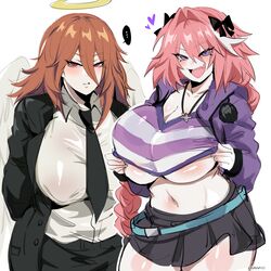 2girls angel_devil_(chainsaw_man) astolfo_(fate) breasts chainsaw_man clothed crossover fate/apocrypha fate/grand_order fate_(series) female genderswap_(mtf) halo hips huge_breasts kurenaiz1 light-skinned_female light_skin long_hair naughty_face nipples_visible_through_clothing pink_hair purple_eyes red_eyes red_hair rule_63 short_skirt skirt the_character_is_better_this_way thick_thighs thighs underboob wide_hips wings rating:Explicit score:665 user:Aeolus_HX