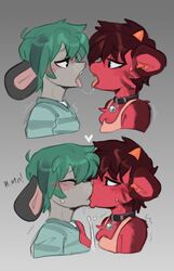 2boys anthro bodily_fluids chest_tuft clothing collar cum disembodied duo eye_contact felid femboy french_kissing fur genital_fluids green_hair grey_body grey_fur hair headshot_portrait hi_res horn interspecies kayden_(mawmain) kissing looking_at_another machairodontine male male/male mammal mawmain mouse murid murine portrait red_body red_fur red_hair rodent saliva saliva_string shirt side_view tank_top tongue tongue_out topwear tuft rating:Questionable score:96 user:bot