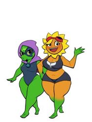 2girls clothed clothing female green_shadow_(pvz) lovetopullmicke peashooter_(pvz) plantie plants_vs_zombies solar_flare_(pvz) sunflower_(pvz) rating:Questionable score:80 user:Newmens321