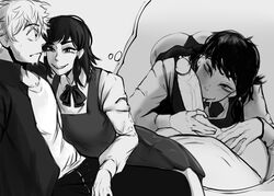 1boy 1girls chainsaw_man denji_(chainsaw_man) erection female fumiko_mifune_(chainsaw_man) greyscale handjob long_hair looking_at_viewer mobi_mobi monochrome penis shirt smile rating:Explicit score:335 user:Zabior