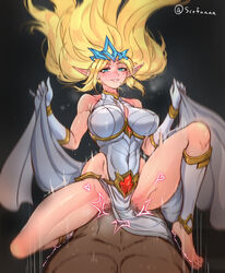 1boy 1girls barefoot big_breasts blonde_hair blue_eyes blush clothed clothed_sex dark-skinned_male dark_skin feet gloves janna_windforce league_of_legends light-skinned_female light_skin long_hair looking_at_viewer male/female pointy_ears presenting pubic_hair riot_games scofa sex smile sweat rating:Explicit score:172 user:LukeSkyLuke