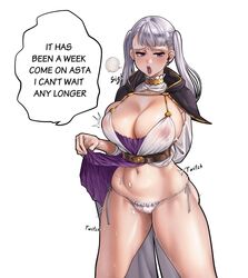 big_breasts black7 black_bulls_uniform black_clover blush breasts clothes_lift curvy english_text female female_focus female_only g-string large_breasts nipples noelle_silva panties purple_eyes see-through silver_hair solo solo_female solo_focus speech_bubble text thick_thighs thighs thong twintails voluptuous white_background white_panties rating:Explicit score:199 user:Zabior