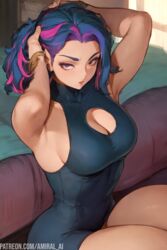 1girls ai_generated amiral_ai armpits arms_up boku_no_hero_academia breasts cutesexyrobutts_(style) cutesexyrobutts_ai_artstyle_imitation dress female hi_res kaina_tsutsumi lady_nagant large_breasts light-skinned_female light_skin looking_at_viewer my_hero_academia presenting_armpit purple_eyes purple_hair stable_diffusion thick_thighs tsutsumi_kaina rating:Questionable score:187 user:Aeolus_HX