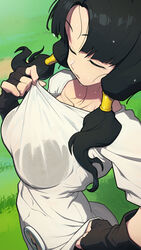 1girls airing_out big_breasts black_hair bra bra_visible_through_clothes collarbone dragon_ball_z female female_only lhata4564 shirt_pull solo sweat sweatdrop sweaty_body sweaty_breasts teenage_girl teenager twintails videl wet_shirt white_shirt rating:Questionable score:316 user:hhhhmood