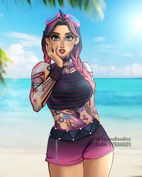 2d beach beach_jules black_hair blue_eyes blush body_markings braided_hair braided_twintails choker clothed digital_media_(artwork) earrings eyewear_on_head female fortnite fortnite:_battle_royale goggles goggles_on_head hand_on_face jules_(fortnite) lipstick looking_at_viewer makeup red_lipstick safe sfw shorts smile smiling tank_top tattoo tattoos two_tone_hair tyrana rating:Safe score:60 user:Tera10X