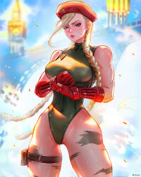 1girls belly_button beret blonde_hair blue_eyes braided_twintails breasts cammy_white capcom fanart female female_only fit_female fully_clothed gauntlets hips legs leotard long_hair looking_back mcdobo pink_lipstick scar solo street_fighter street_fighter_ii thick_thighs thighs thong_leotard twintails voluptuous voluptuous_female rating:Safe score:49 user:OmegaIX