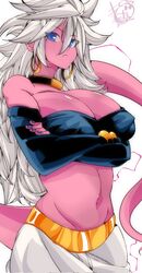 android_21 arc_system_works bandai_namco belly_button big_breasts black_clothing blue_eyes blue_nails bracelets dragon_ball dragon_ball_fighterz earrings elbow_gloves female gold_jewelry long_hair majin majin_android_21 omochi_db pink_body pink_skin tail voluptuous_female white_hair rating:Questionable score:63 user:OmegaIX