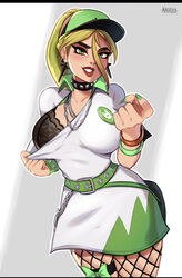 breasts choker curvy_female fortnite fortnite:_battle_royale green_eyes green_hair green_hat helsie_(fortnite) magaska19 red_lipstick thick_thighs rating:Questionable score:258 user:jOnHe