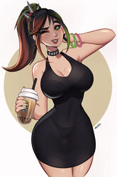 big_breasts big_thighs bikini boba_tea choker fortnite fortnite:_battle_royale green_eyes helsie_(fortnite) magaska19 multicolored_hair red_lipstick see-through_clothing rating:Safe score:373 user:jOnHe