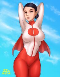 2dnsfw 2dswirl asian asian_female big_breasts black_hair clothed debbie_grayson deborah_grayson earrings female female_only human human_only invincible invincible_(tv_series) light-skinned_female light_skin mature mature_female milf omni-man_(cosplay) solo solo_female suit superhero superheroine voluptuous voluptuous_female wide_hips rating:Explicit score:64 user:DarkMando