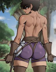 1girls absurd_res ass ass_focus athletic athletic_female back back_muscles back_view berserk casca_(berserk) dark-skinned_female dark_skin gloves highres looking_at_viewer looking_back looking_back_at_viewer lordguyis muscular muscular_back muscular_female outdoors partially_clothed scars short_hair solo solo_female sword tomboy topless topless_female very_short_hair rating:Questionable score:124 user:LewdLord