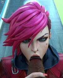 3d arcane arcane_vi black_penis blowjob dark-skinned_male eye_shadow freckles interracial jacket johntwo league_of_legends oral oral_sex orientation_play penis pierced_ears pierced_nose pink_hair pov red_nails tattoo text_tattoo vi rating:Explicit score:89 user:DickedLez