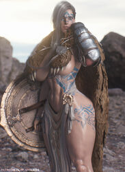 3d abs armed armor barbarian bdo black_desert black_desert_online body_paint fantasy female female_knight guardian_(black_desert) legs lips loincloth medieval medieval_armor medieval_clothing muscles muscular_female nyalicia pelvic_curtain shield tattoo thick_thighs viking white_hair wide_hips rating:Questionable score:339 user:1a56sd5as4