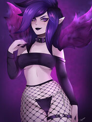 1girls black_lipstick female female_only fishnet_pantyhose fishnets hi_res league_of_legends long_hair looking_at_viewer makeup morgana nipple_bulge pink_eyes pointy_ears purple_hair ravenemore ruined_makeup smiling smiling_at_viewer solo thigh_gap thong topwear rating:Questionable score:56 user:!nner$elf89