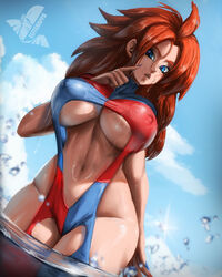 android_21 android_21_(human) bikini blue_eyes dragon_ball dragon_ball_fighterz dragon_ball_z elitenappa hips in_water large_breasts long_hair looking_at_viewer nipples_visible_through_clothing red_hair sling_bikini thighs toned undergoing vomi_(dragon_ball) water wet rating:Questionable score:258 user:Mikesbigdick