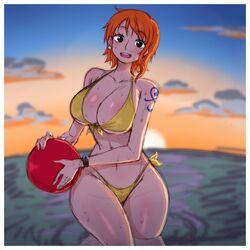 1girls beach beach_ball belly_button big_breasts bikini bikini_bottom bikini_top cleavage curvy female female_only large_breasts nami navel one_piece orange_hair pre-timeskip pre_timeskip redhead short_hair simmsy solo sun thick_thighs water wet wet_body wide_hips rating:Questionable score:220 user:Updeetz